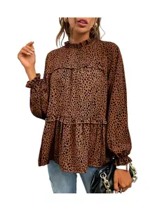 2023 Factory Direct Wholesale New Arrival Casual Long Sleeved Women's Fall Leopard Print Ruffle Flounce Sleeve Frill Trim Blouse