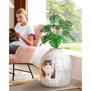 กระบะทรายแมว DreamCraft สีขาว ทำจากหวายเทียม พร้อมตู้เก็บของซ่อนอยู่ ตกแต่งด้วยต้นไม้ประดิษฐ์ สำหรับมุมบ้าน สไตล์เวียดนาม - Product Image 5