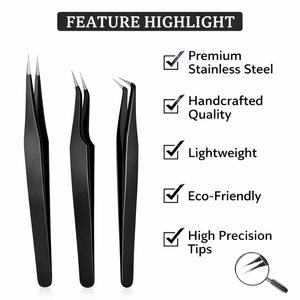 Juego Profesional de 3 Pinzas Duraderas para Extensión de Pestañas, Rectas y Curvas, Aplicador de Volumen, Kit de Acero Inoxidable - Product Image 4