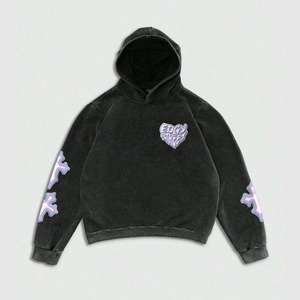 Pull à capuche surdimensionné en molleton 100% coton, imprimé brodé, logo, délavage acide, déchiré, style streetwear - Product Image 1