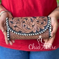 Tas tangan berukir dompet modis warna Pirus untuk wanita dompet kulit barat Clutch casing ponsel Multi guna