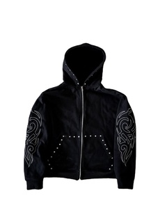 Vente en gros Sweat à capuche surdimensionné coupe carrée avec fermeture éclair en cristal et strass pour homme Sweat à capuche zippé épais 400GSM délavé au soleil - Product Image 5