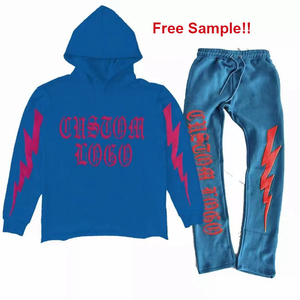 OEM algodón estampado corte crudo dobladillo borde Sudadera con capucha Patchwork pantalón hombres chándal peso pesado apilado acampanado hombres dos piezas Jogger conjuntos - Product Image 6