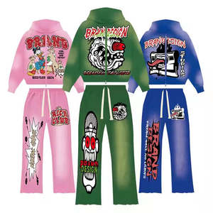 Sudadera con capucha y cremallera recortada Vintage personalizada para hombre, conjunto de pantalones de chándal apilados desgastados, chándal de lavado AICD de maternidad para chándal de invierno - Product Image 4