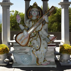 Prabhat hecho a mano tradicional indio Saraswati deidad hindú estatua de mármol con superficie esmaltada para uso en jardín interior o templo - Product Image 1