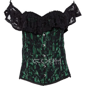 Corsé gótico vintage de satén verde con superposición de encaje negro con volantes - Product Image 1