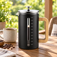 Presse à café unique de 34 oz en acier inoxydable avec poignée en bois de bambou, verre borosilicate épais résistant à la chaleur, presse à café française