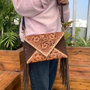New Design Hand Tooled Suede Leather Fringe Crossbody Bag Women's Multifunctional Envelope Bag Genuine Leather Clutch <b>Handbags</b> - Product Image 4
