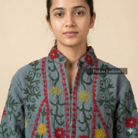 Veste universitaire en velours tricoté brodé à la machine, coton écologique respirant, textile indien de luxe pour femmes |   Hiver