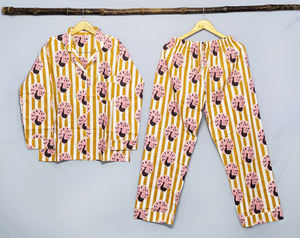 Ensemble de pyjama de nuit pour femmes, en coton premium rayé, taille élastique, été/hiver, respirant, vêtements de détente, vêtements de nuit - Product Image 1