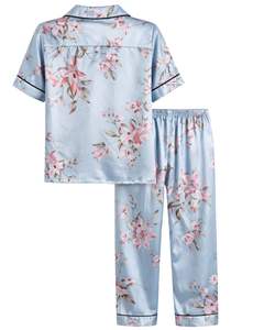 Ensemble de pyjama en satin de soie bleu ciel à fleurs personnalisé par le fabricant pour femmes, boutonné, manches courtes, vêtements de nuit luxueux et doux - Product Image 2