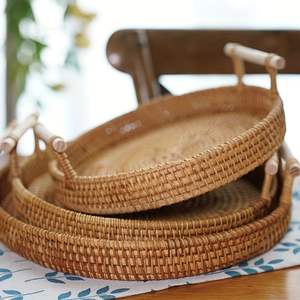 NATURAL ROUND RATTAN TRAY/ Rattan Hand Woven Round High <b>Wall</b> Severing Tray Food Storage <b>Plate</b> for Breakfast, Drinks - Product Image 6