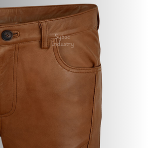 Pantalones de cuero marrón Nappa Real para hombre con tela de algodón estilo recto cintura media-Streetwear Jeans de moda para niños - Product Image 5