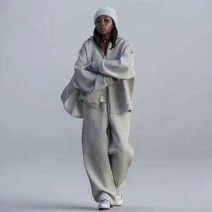 Conjunto de 2 piezas de ropa informal con capucha de otoño Y2K de talla grande y logotipo personalizado, sudadera para correr, pantalones de chándal, chándal de algodón para mujer - Product Image 3