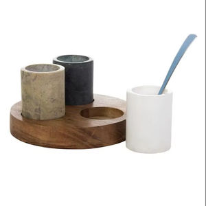 Cuencos de azúcar y sal de cocina de artículos de hoteles de forma redonda de mármol sólido de la mejor calidad con bandeja de madera último diseño hecho a mano - Product Image 1