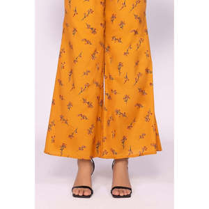 Pantalon évasé jaune pour femme, coupe ample, taille mi-haute, jambe large, en mousseline respirante, motif coloré, effet délavé, tailles XL à 3XL disponibles - Product Image 1