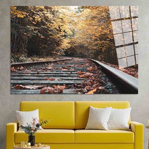 Toile sur le thème des rails de train d'automne : Art mural paysager imprimé à plat, ART SUR VERRE TÉMPERÉ - Product Image 1