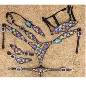 Ensemble de bride et de collier de poitrail pour l'équitation occidentale, en cuir de vache, avec sculpture florale, boucle en argent allemand pour l'équitation - Product Image 1