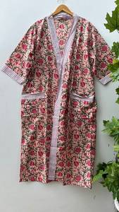 Indian Block Print Floral Cotton Kimono Robe Lightweight Bath Robe - Product Image 4