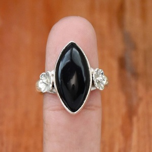 <b>Black</b> <b>Onyx</b> <b>Ring</b> 925 Sterling Silver Marquise Gemstone Handmade Flower Design Dainty Birthstone <b>Ring</b> For Women - Product Image 2