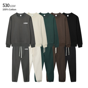 Conjunto Deportivo de 2 Piezas para Hombre, Sudadera y Pantalones de Chándal, Cuello Redondo, 100% Algodón, 530 GSM, Grueso, Estampado Sólido, Invierno, OEM Personalizado - Product Image 1