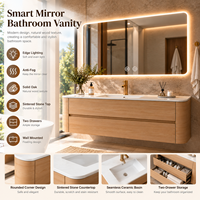 Meuble-lavabo de salle de bain moderne avec miroir intelligent 1200 mm, armoire murale en chêne massif avec plan en pierre frittée et design à coins arrondis