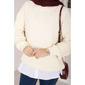 Pull en maille torsadée longue pour femme, style décontracté, imprimé rayé respirant sur le devant, idéal pour l'automne et l'hiver - Product Image 4