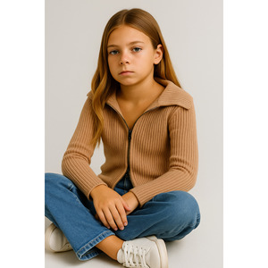 <b>Madonna</b> Collar Double Zip Knitted Girls' Cardigan Sweater Ecru Standard Size for 10-16 Years - Product Image 3