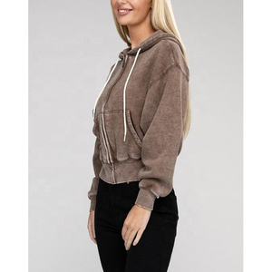 Customized Zipper Heavy Cotton Acid Wash French Terry <b>Zip</b> <b>up</b> Acid Distressed Vintage Wash <b>Cropped</b> Hoodie for Women - Product Image 5