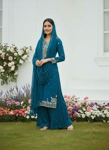 Conjunto de Salwar Kameez con Dupatta, de corte recto, con bordado multicolor y detalles de espejo, exquisitamente diseñado, para bodas. - Product Image 4