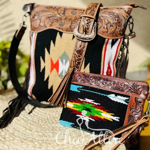 ชุดเซตหนังอานพร้อมกระเป๋าหนังมีพู่สำหรับผู้หญิงกระเป๋าเงินหนังอานม้าแกะสลักมือมีสไตล์ - Product Image 1