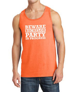 Camiseta sin mangas naranja para hombre Beware Bachelor Party Progress, estampada, informal, con cuello redondo, logotipo frontal, 100% algodón, transpirable, antipilling - Product Image 1