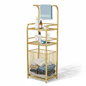 KPT68009 Modern Bathroom Storage <b>Shelf</b> with <b>Hooks</b> and Baskets Stainless Steel Corner Mounted for Hotel Kitchen Apartment - Product Image 1