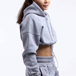 Custom Design Winter Knitted Women's Crop Top <b>Hoodies</b> Solid Color Front Logo Printed 100% Cotton Eco-Friendly <b>Lightweight</b> - Product Image 5