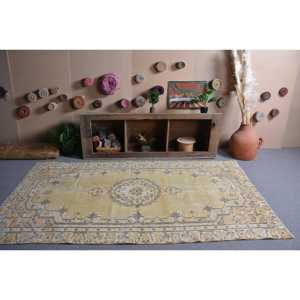 4.8x8.6 ft Vintage Large Rug, <b>Yellow</b> Brown Turkish Ombr <b>Wool</b> Rug - Product Image 3