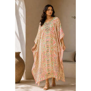 Yellow <b>Chiffon</b> <b>Maxi</b> Kaftan <b>Dress</b> for Women-Boho Printed Plus Size Party Wear - Product Image 4