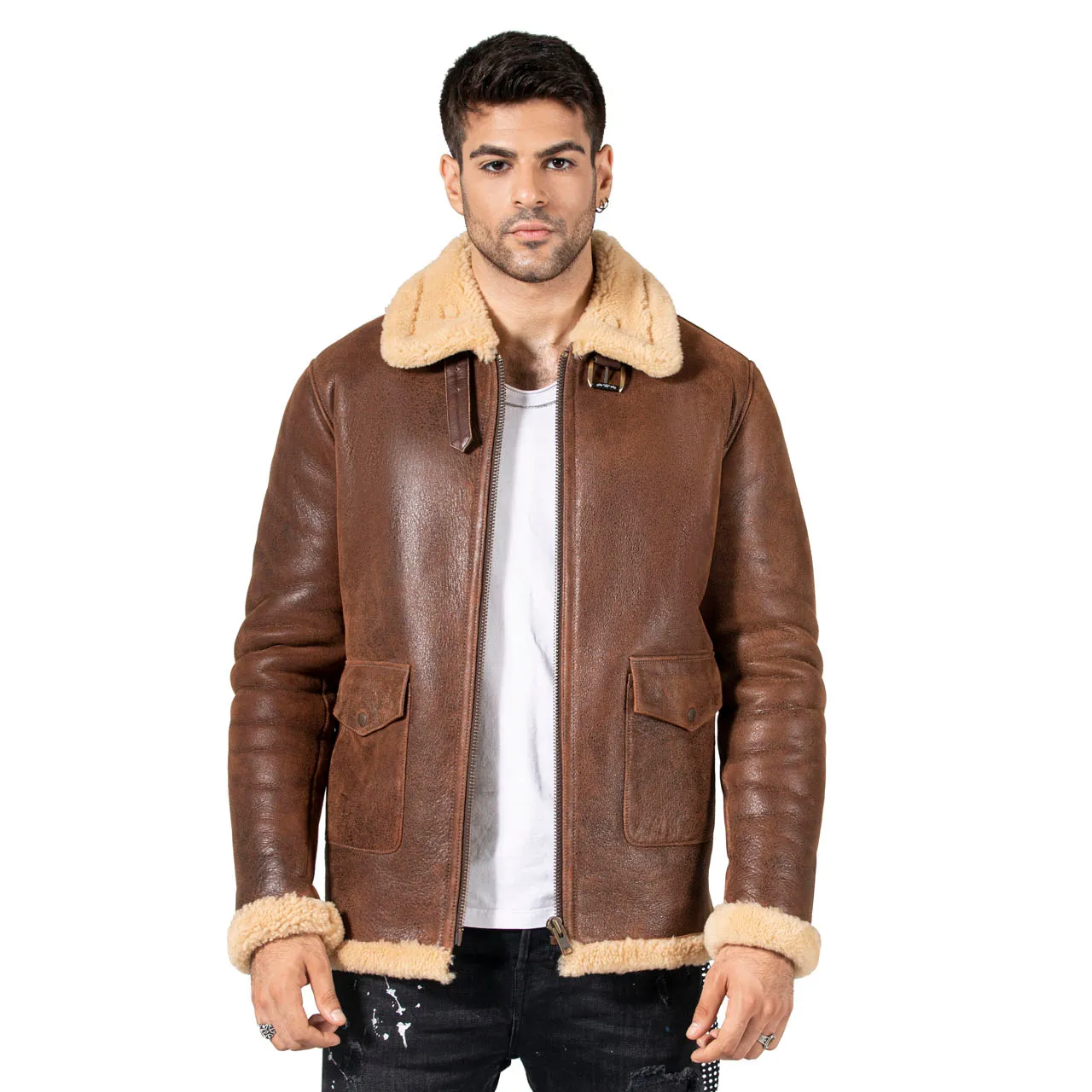 Mens shearling leather jacket bomber flying pilot lamb wool coat lapel motorcycle jacket men's leather