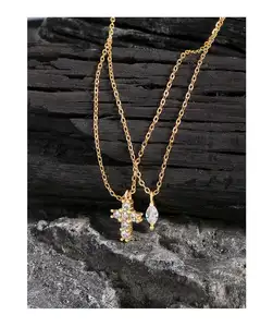 Oem Odm 2024 Sterling Silver 925 Jewelry 18k Gold Plated Zircon Pave Marquise Cross Pendant Double Chain Necklace