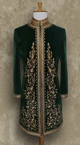 Stylish Bottle-Green Sherwani & <b>Pant</b> Groom 2024 Wedding Embroidered Dabka Work Embellished Crystal Glass Beads Fabric Material - Product Image 2