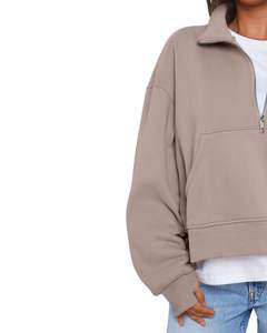 Beige Half Zip Crop Fleece Sweatshirt <b>Women</b> Oversized <b>Warm</b> Winter Pullover With Pocket Soft Casual Cozy <b>Top</b> - Product Image 2