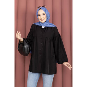 Tuniques en tricot noires à manches bouffantes et froncées pour femmes - Product Image 2