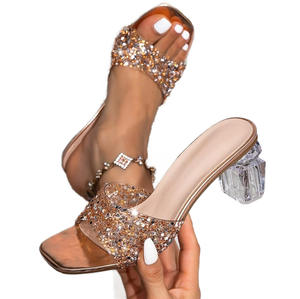 Sandales à talons hauts perlées pour femmes, nouveau style d'été, bout carré, transparentes, à bout ouvert, tendance pour les banquets - Product Image 1