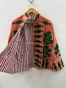 Veste vintage en velours à col mandarin, manches longues, motif floral brodé, rouge et vert, vêtements d'extérieur d'hiver pour adultes - Product Image 4