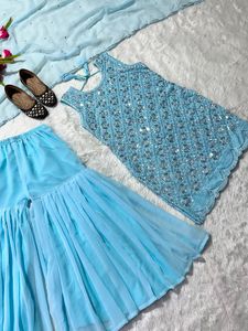 Último diseñador indio bordado Kurti Set precioso paquistaní personalizado étnico desgaste cosido Georgette tela Sharara Gharara - Product Image 6