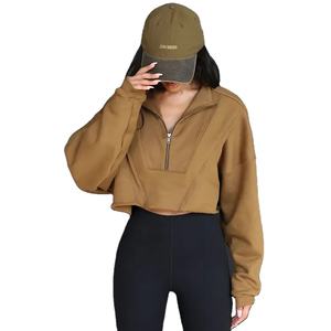 Sudadera con capucha de peso pesado para mujer con logotipo personalizado, sudadera de algodón de 2025G, Top corto de invierno, tela tejida con media cremallera, novedad de 360 - Product Image 1
