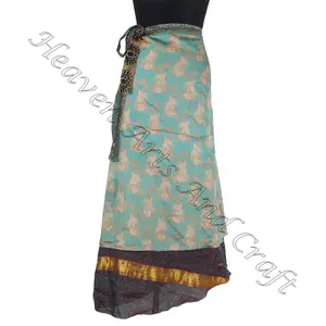 Rok sutra Sari reversibel lapisan ganda baru rok bungkus ajaib dari India wanita memakai Vintage sutra Sari panjang bungkus sekitar