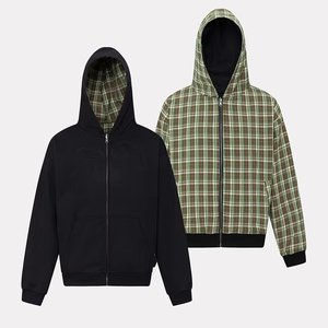 2026 Custom Reverse <b>Hoodie</b> Wear Both Side Men <b>Zip</b> up Double Layer Plaid <b>Hoodie</b> Men French Terry Reversible <b>Hoodie</b> - Product Image 1