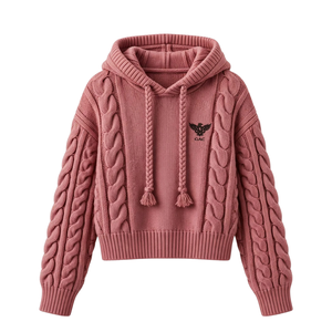<b>Womens</b> <b>Pink</b> Cable Knit <b>Hoodie</b> Sweater Long Sleeve Pullover With Braided Drawstrings Ribbed Cuffs Hem And Textured Winter Design - Product Image 1