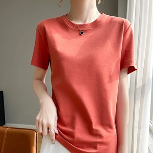 Camiseta de manga corta de algodón mercerizado de gama alta para mujer, camiseta de fondo de media manga de Color sólido para verano - Product Image 2