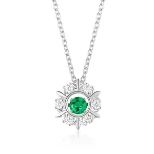Exotic Jewelry 925 Sterling Silver Lab Grown Gemstone Round Cut Green Emerald Snowflake Necklace